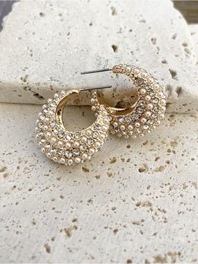Anthropologie Gold Hoop Pearl & Crystal Earrings